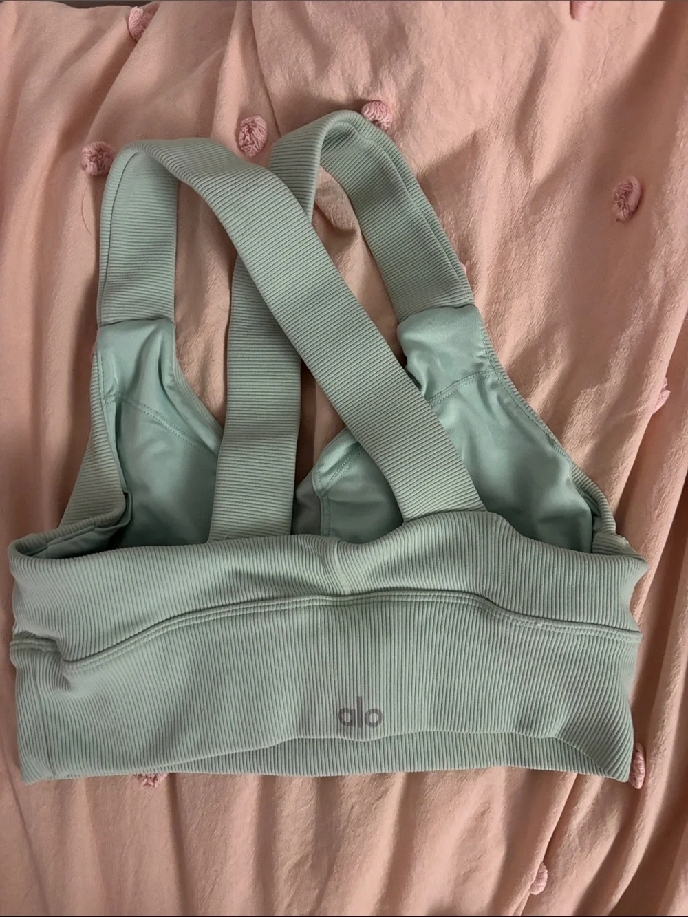 ALO Yoga Ribbed Sports Bra in Light Sage with Cross-Back Straps